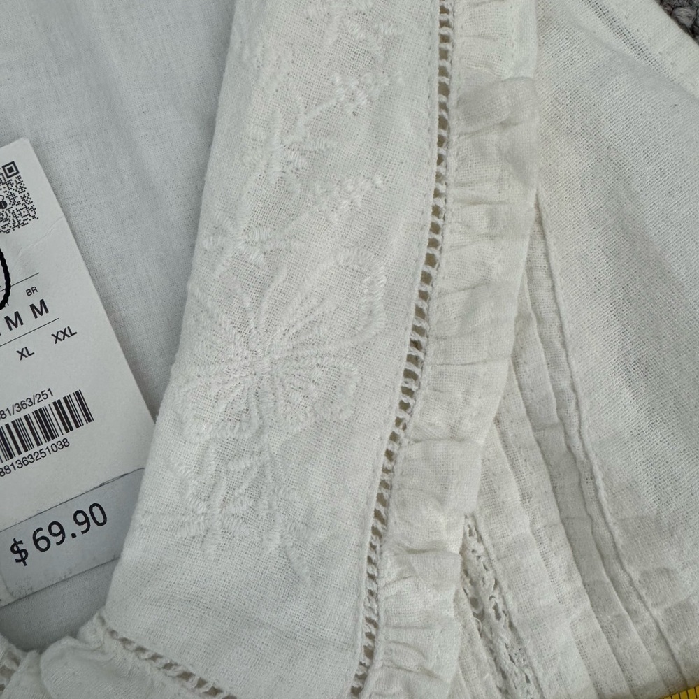 Zara NWT Cotton Linen blend Peter Pan Embroidered Collar Pleated Balletcore Dres - Picture 3 of 8